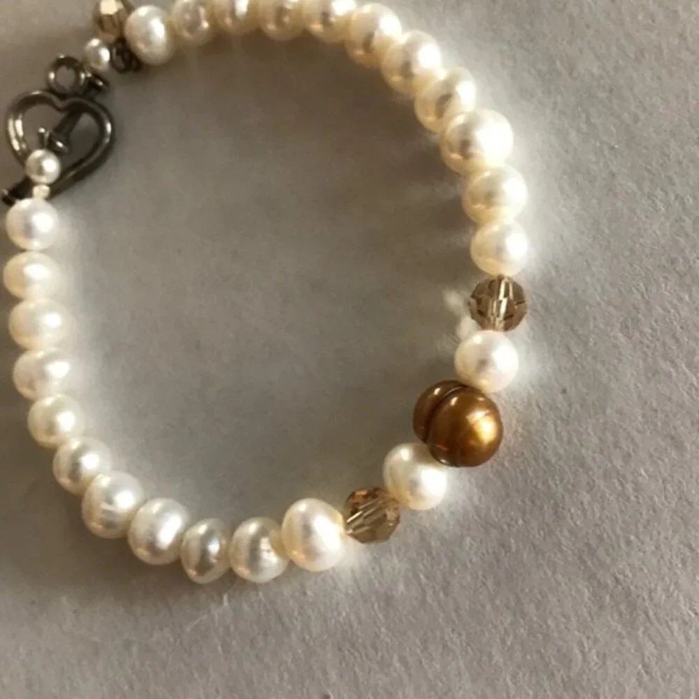 Vintage Bronze White Pearl Swarovski Crystal Sterling Silver Bracelet 7.5 Inch
